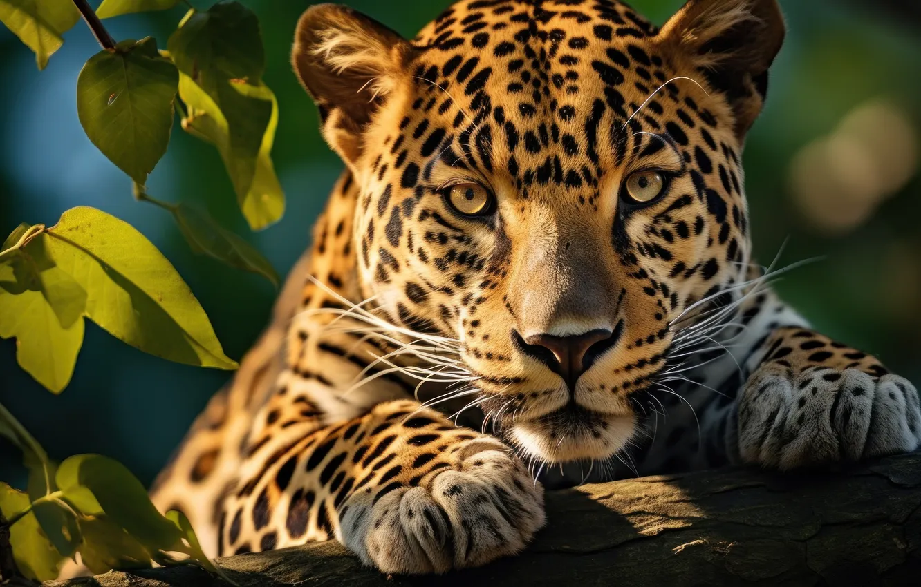 Photo wallpaper look, face, leaves, light, branches, portrait, paws, leopard