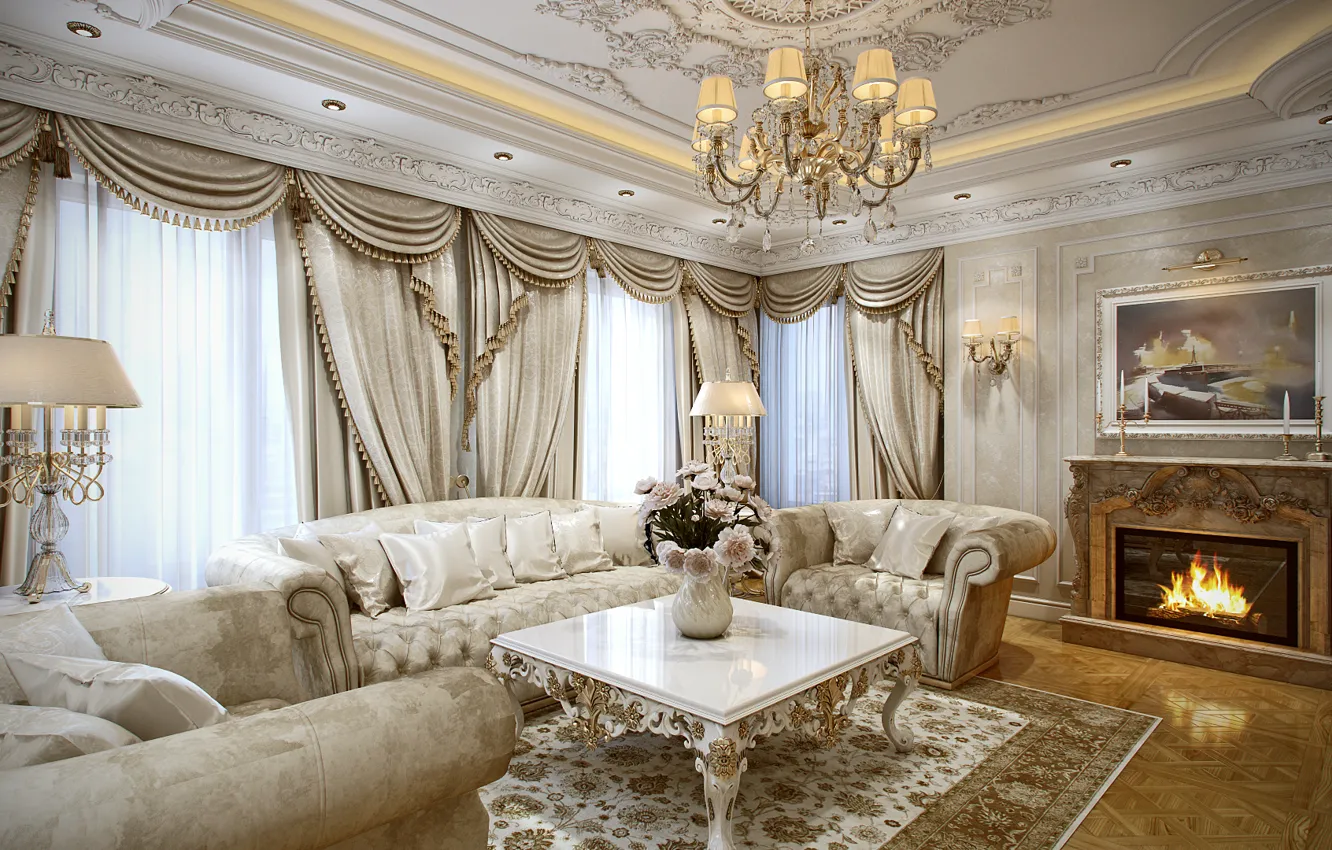 Photo wallpaper design, sofa, interior, picture, chandelier, fireplace, living room