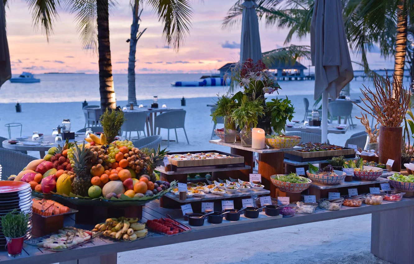Photo wallpaper beach, palm trees, the ocean, food, the evening, fruit, resort, exotic
