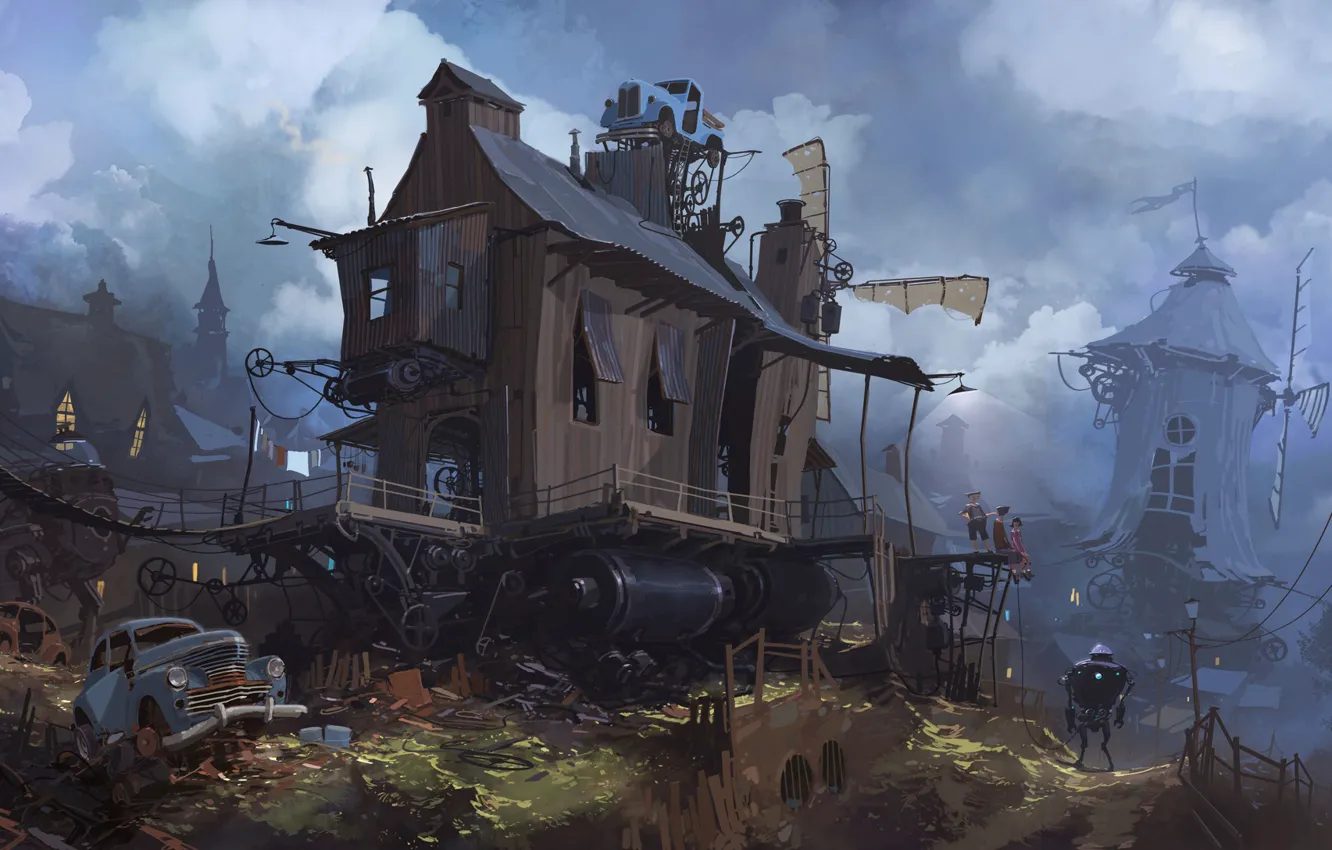 Photo wallpaper road, robot, car, buildings, laboratory