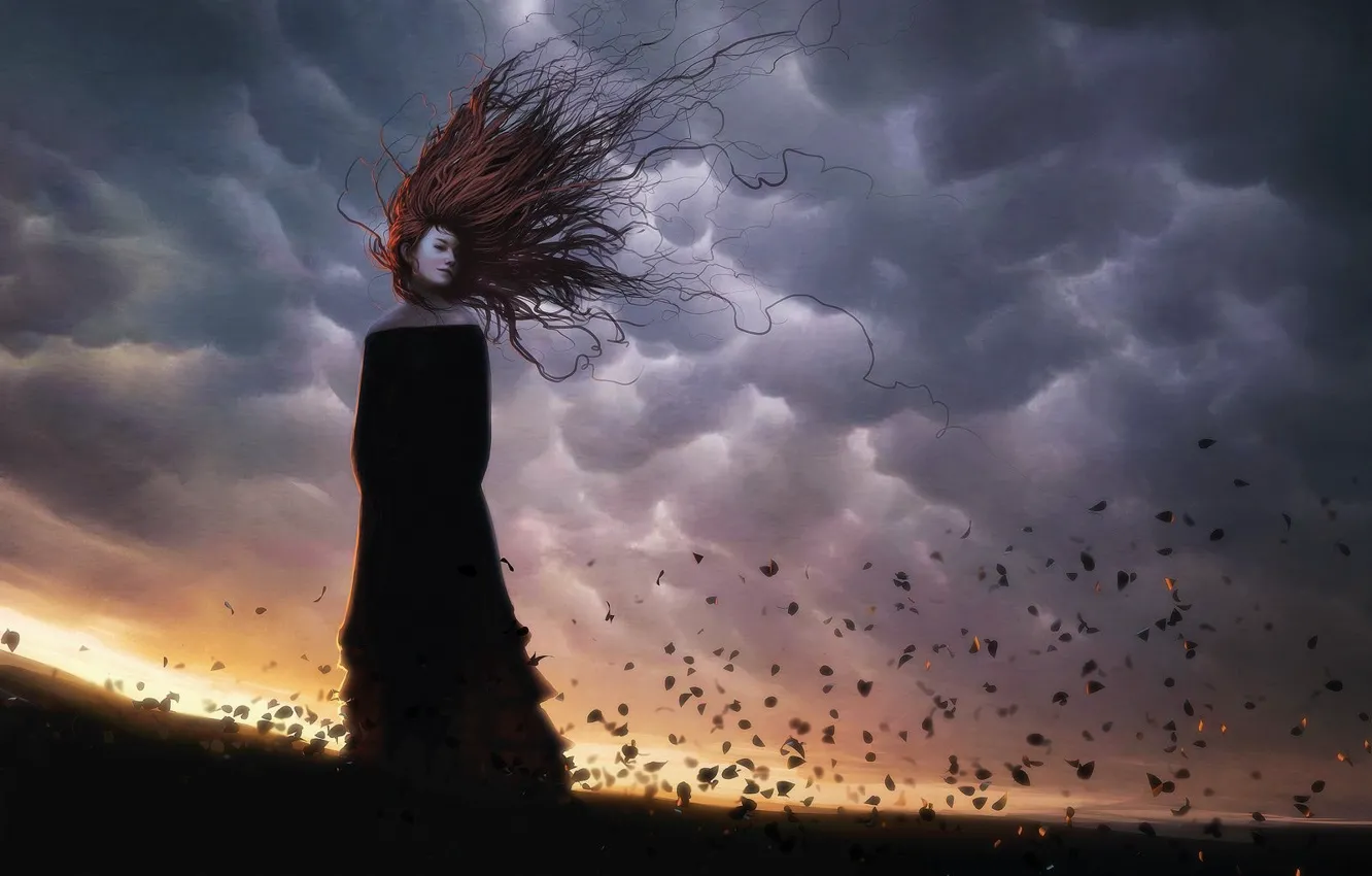 Photo wallpaper girl, the wind, hair, Leaves