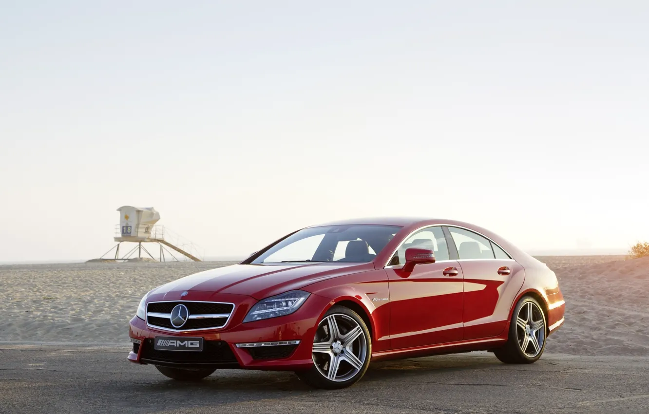 Photo wallpaper beach, the sky, red, Mercedes-Benz, sedan, Mercedes, AMG, the front