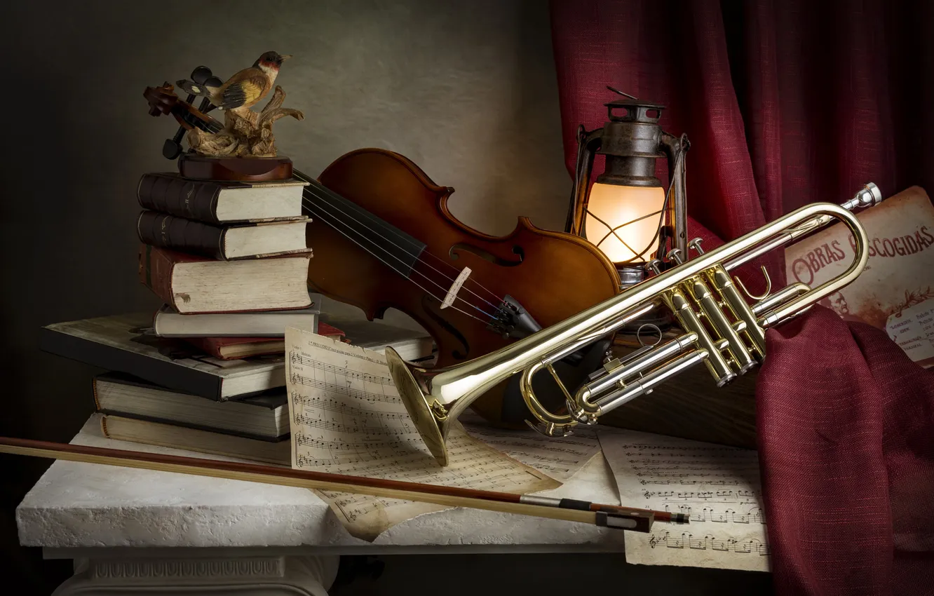 Photo wallpaper music, violin, pipe, book, still life