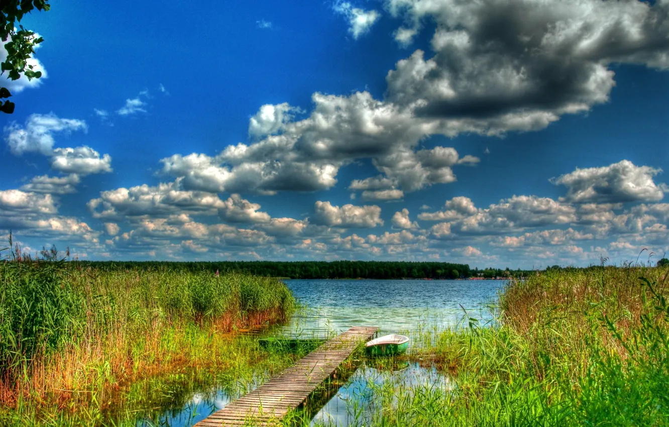 Photo wallpaper forest, the sky, clouds, river, boat, the bridge, backwater