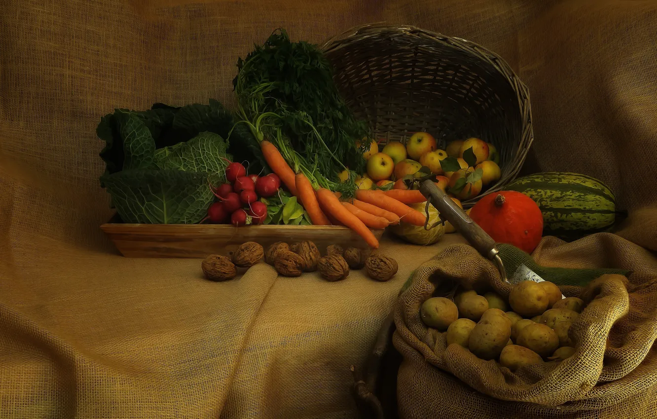 Photo wallpaper greens, basket, apples, treatment, pumpkin, still life, bag, vegetables