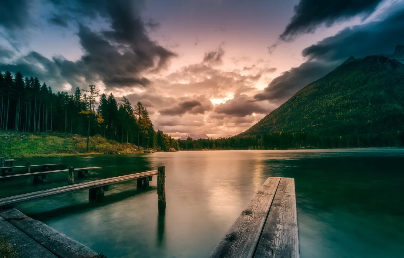 Photo wallpaper sunset, bridge, lake