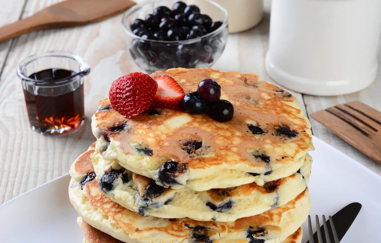 Photo wallpaper berries, blueberries, pancakes, cakes, berries, breakfast, pancakes