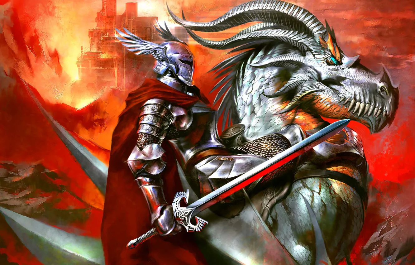 Photo wallpaper dragon, sword, armor, Knight, top