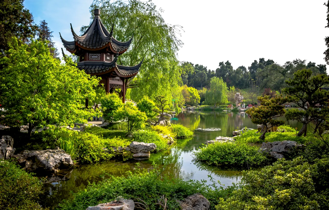 Photo wallpaper greens, trees, pond, Park, stones, CA, pagoda, USA
