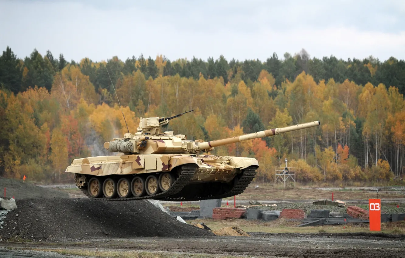 Photo wallpaper forest, flight, jump, Tank, Russia, jump, T-90, T-90S