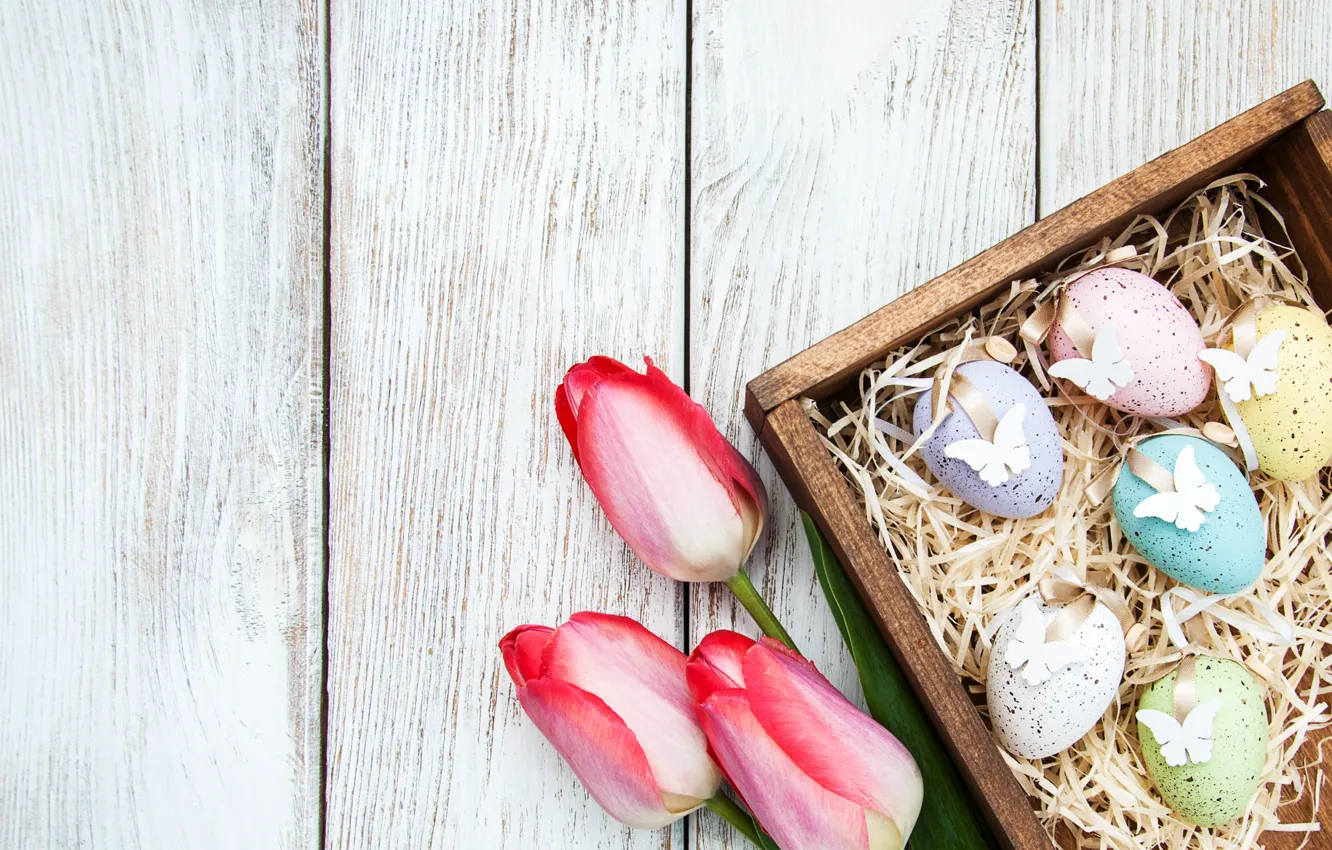 Photo wallpaper flowers, eggs, spring, colorful, Easter, tulips, wood, pink