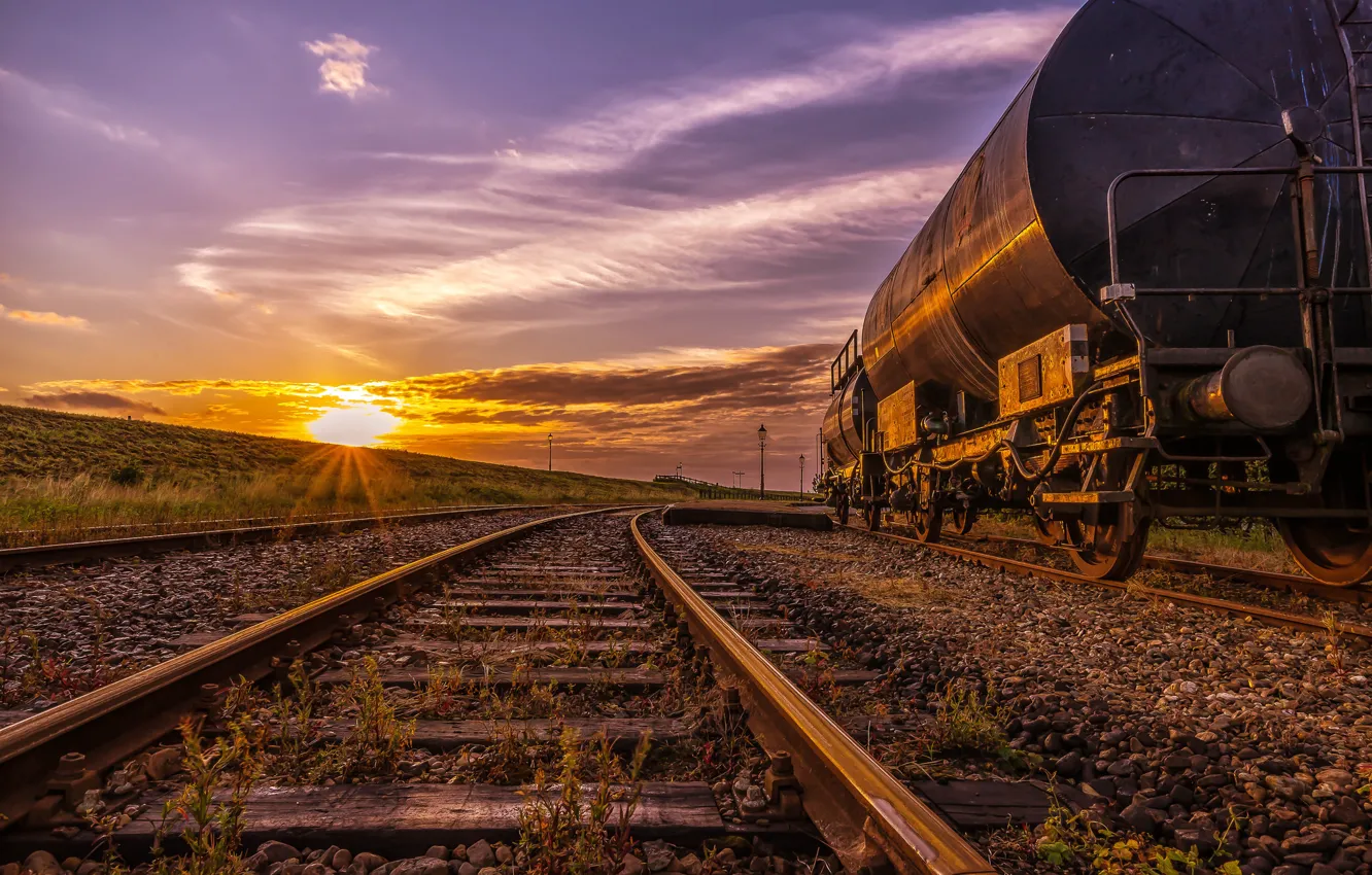 Photo wallpaper road, sunset, train