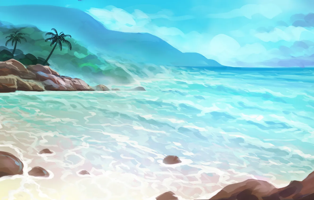 Photo wallpaper sea, summer, palm trees, island, art, painted landscape