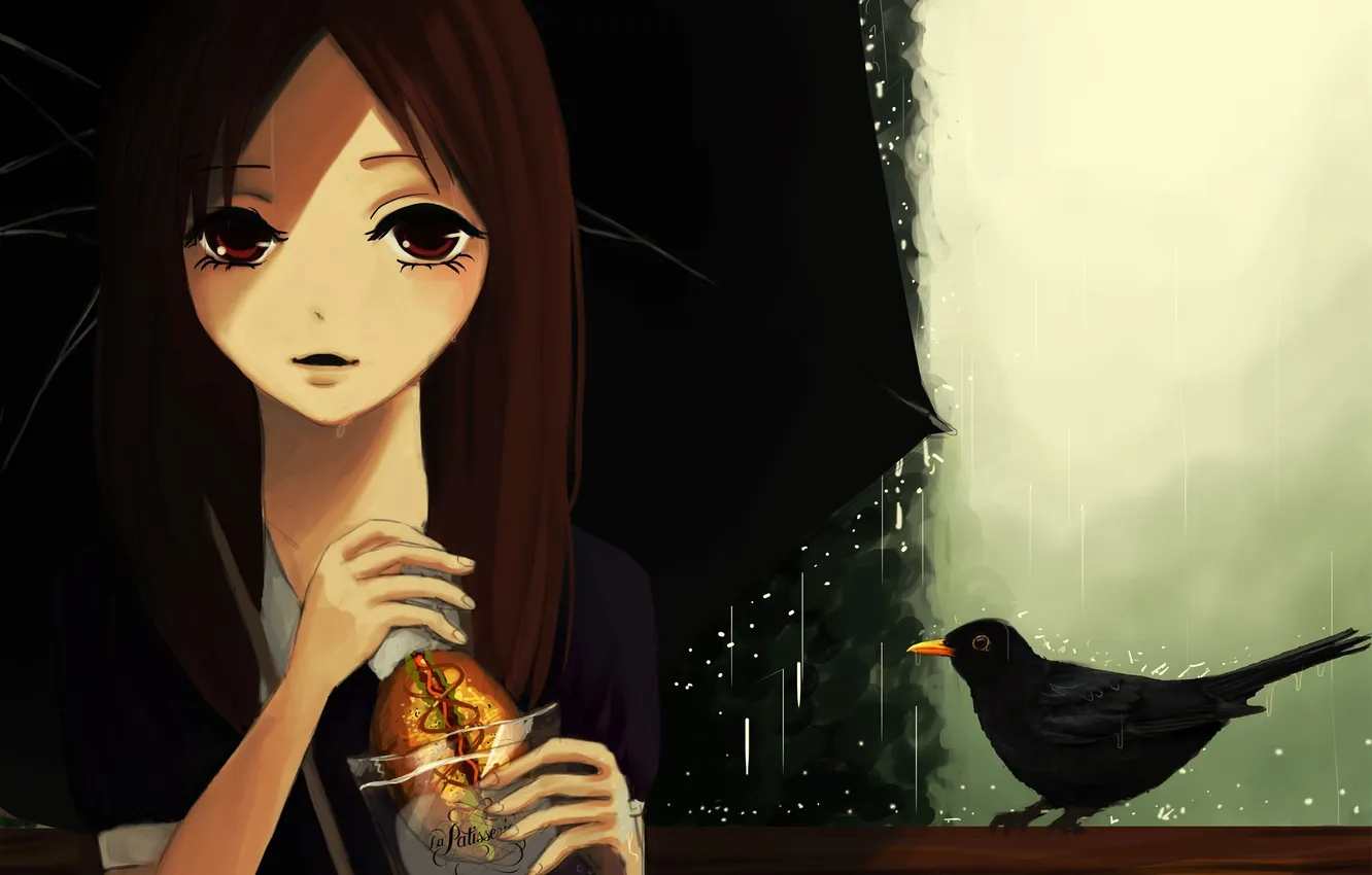 Photo wallpaper girl, rain, bird, food, umbrella, art