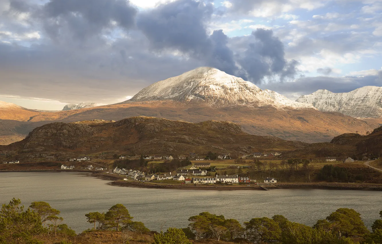 Photo wallpaper mountains, river, tops, snow, the village