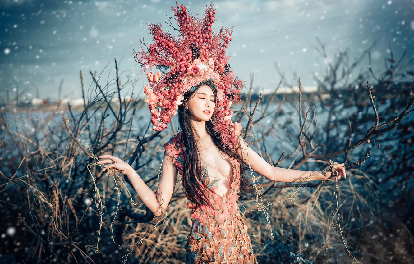 Photo wallpaper chest, the sky, girl, light, flowers, branches, nature, style