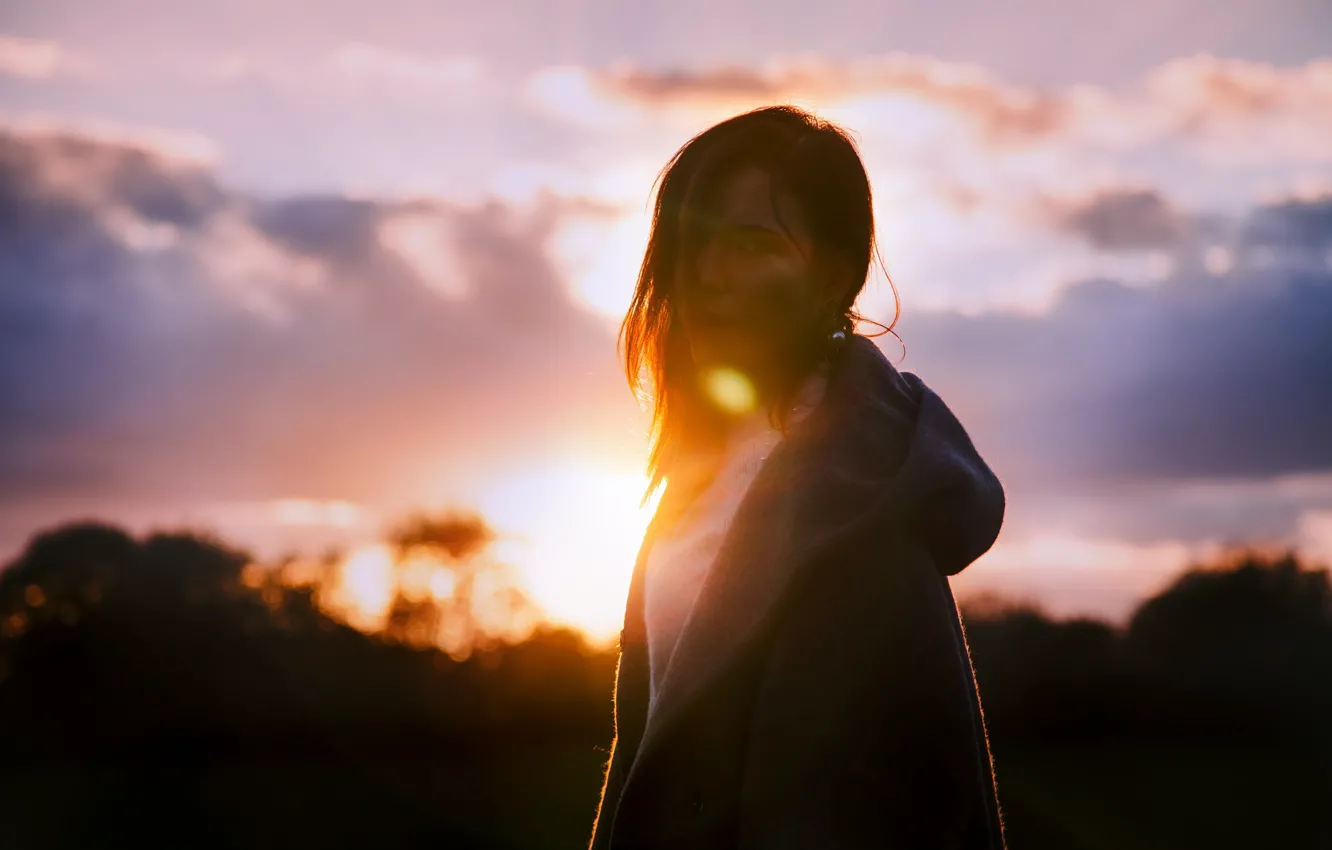 Photo wallpaper girl, the sun, sunset, nature
