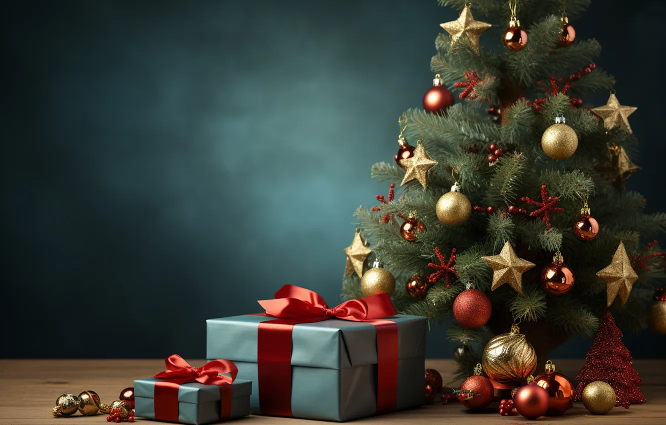 Photo wallpaper gift, tree, new year, Christmas, Christmas, tree, decoration, Gift Boxes