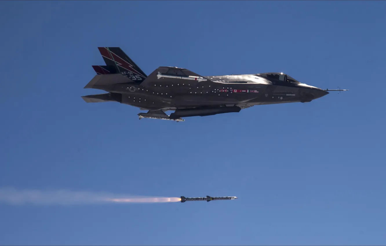 Photo wallpaper fire, sky, air, weapons, F-35