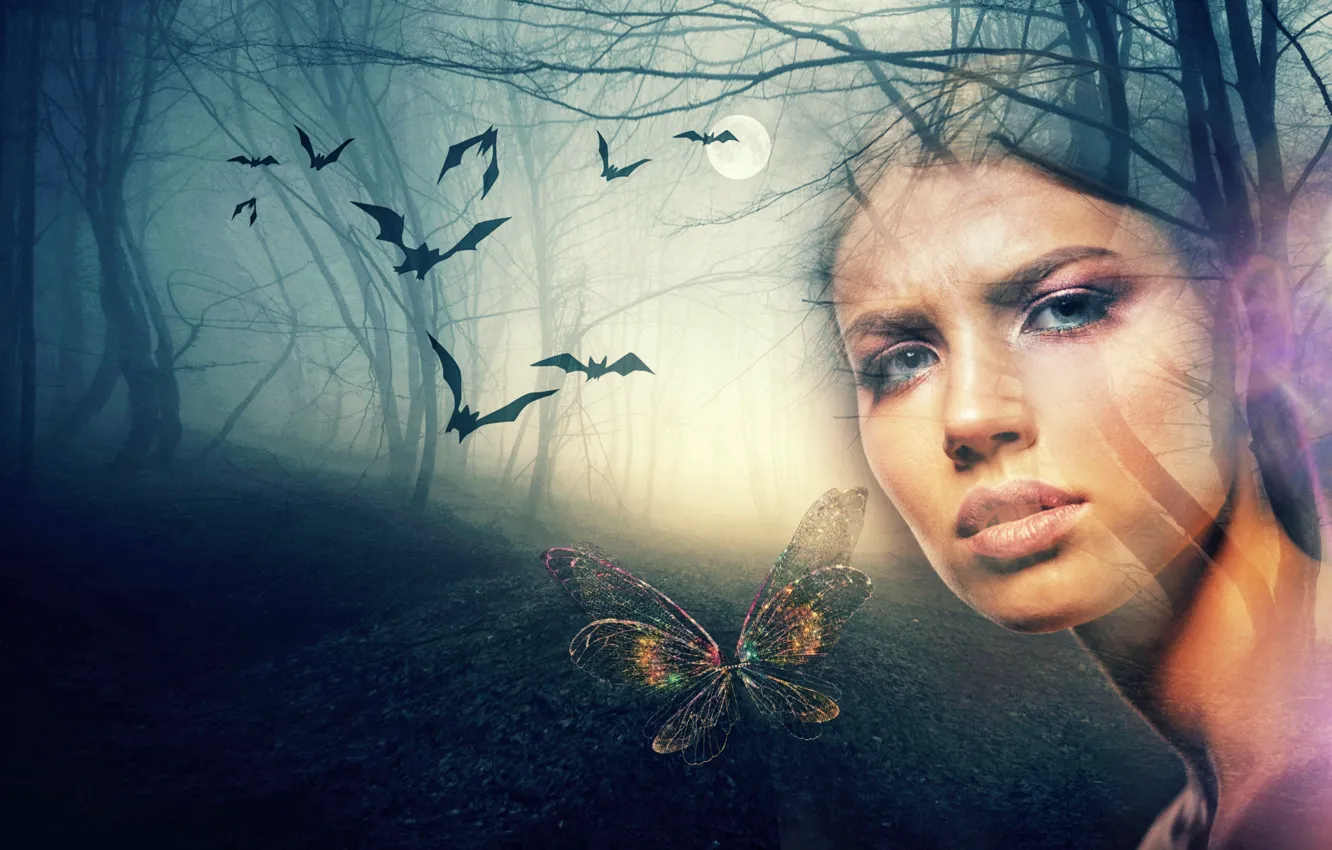 Photo wallpaper road, forest, look, girl, trees, night, branches, face