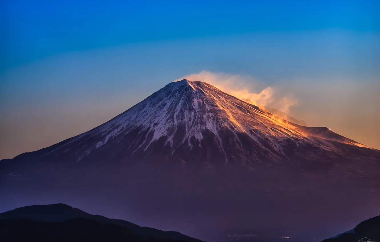 Photo wallpaper snow, landscape, mountains, nature, the wind, tops, the volcano, rasvet