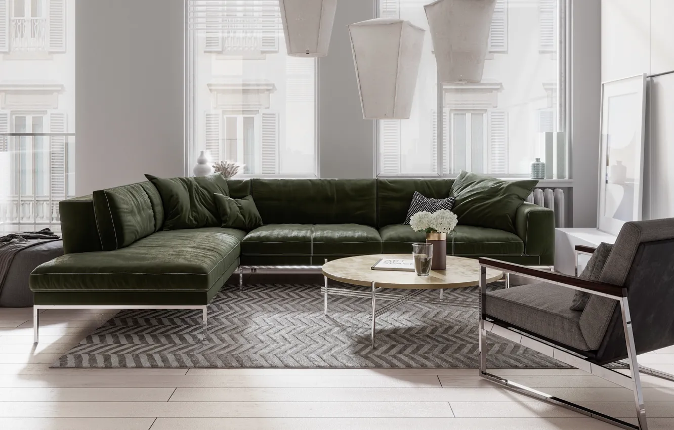 Photo wallpaper design, style, interior, sofa, living room, Hard White Apartment, by ALIVE design