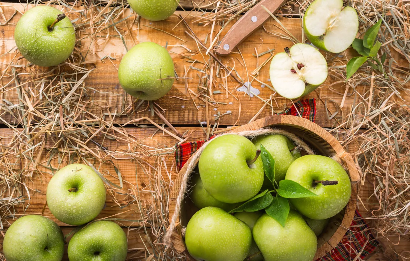 Photo wallpaper background, apples, green, bowl