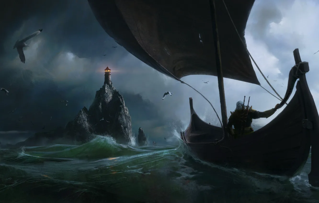 Photo wallpaper the witcher, Fantasy, Games, sea, art, boat, lighthouse, Painting