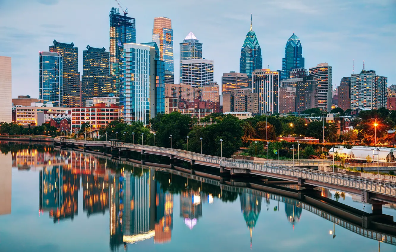 Photo wallpaper the city, river, building, skyscrapers, Philadelphia, river, Philadelphia, Schuylkill