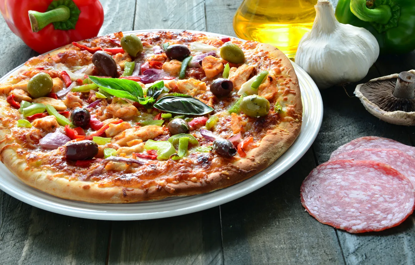 Photo wallpaper greens, mushrooms, oil, pepper, pizza, garlic, filling