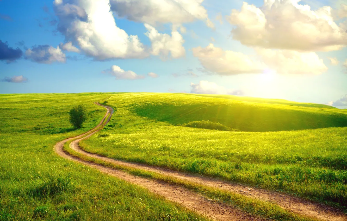 Photo wallpaper road, summer, the sky, grass, the sun, clouds, landscape, country