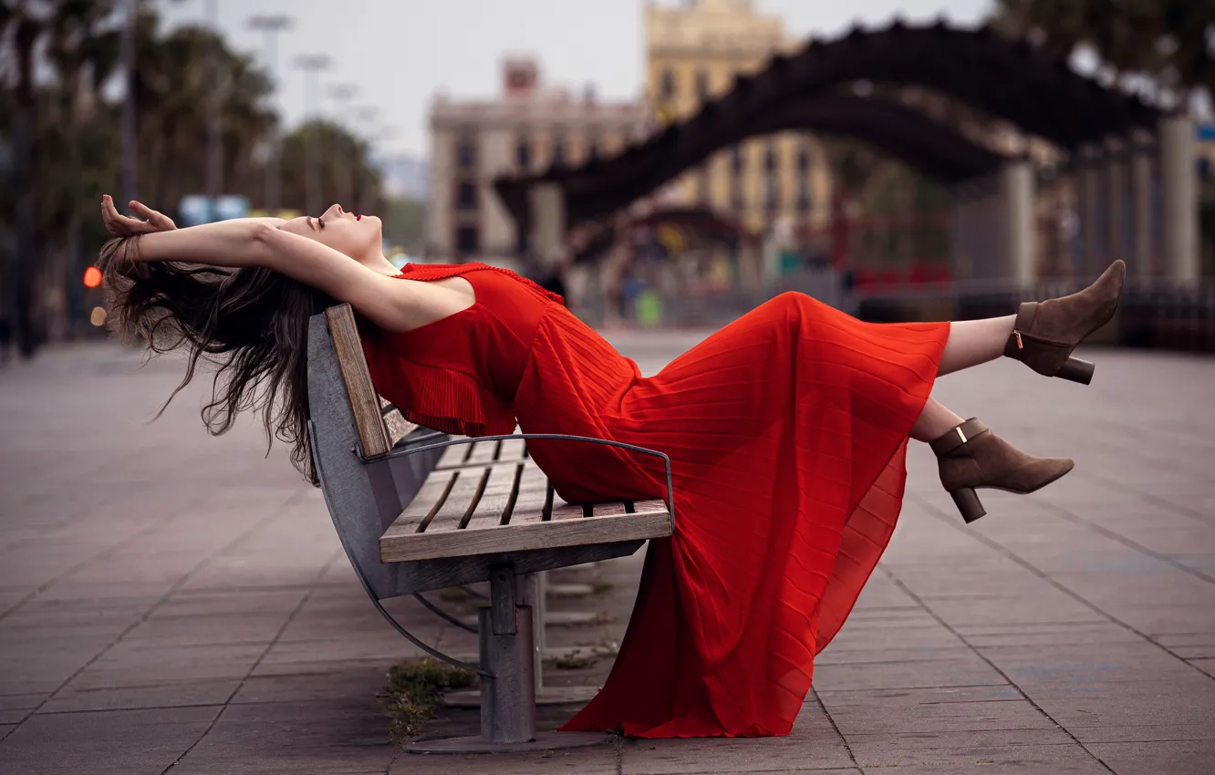 Photo wallpaper girl, bench, the city, pose, mood, area, red dress, Timea Patrick C's