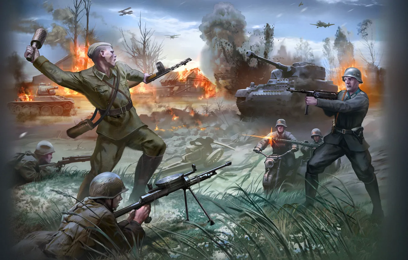 Photo wallpaper war, soldiers, tank, USSR, the plane, the Germans, Russian