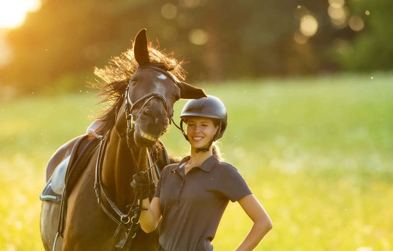 Photo wallpaper girl, horse, helmet, two, good mood, horse, good mood, Young woman