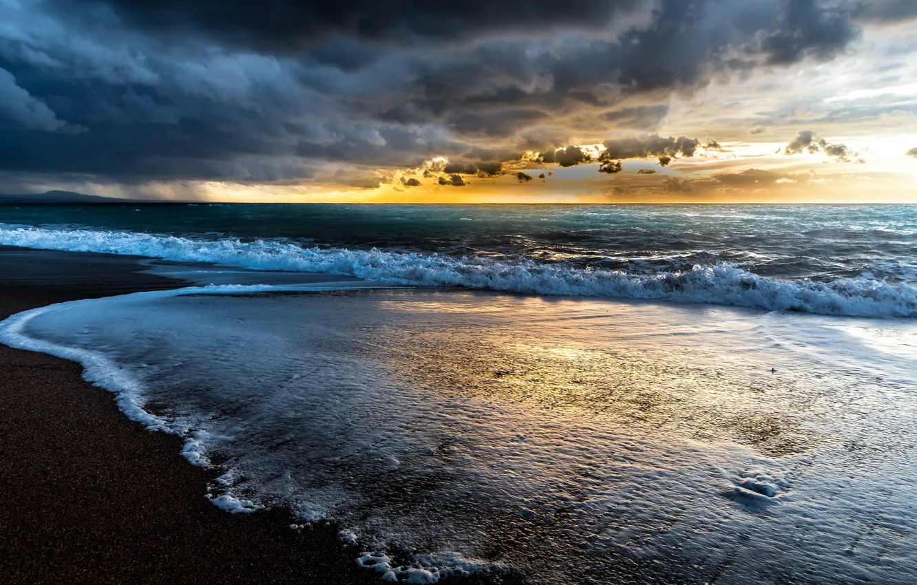 Photo wallpaper sea, wave, sunset, shore