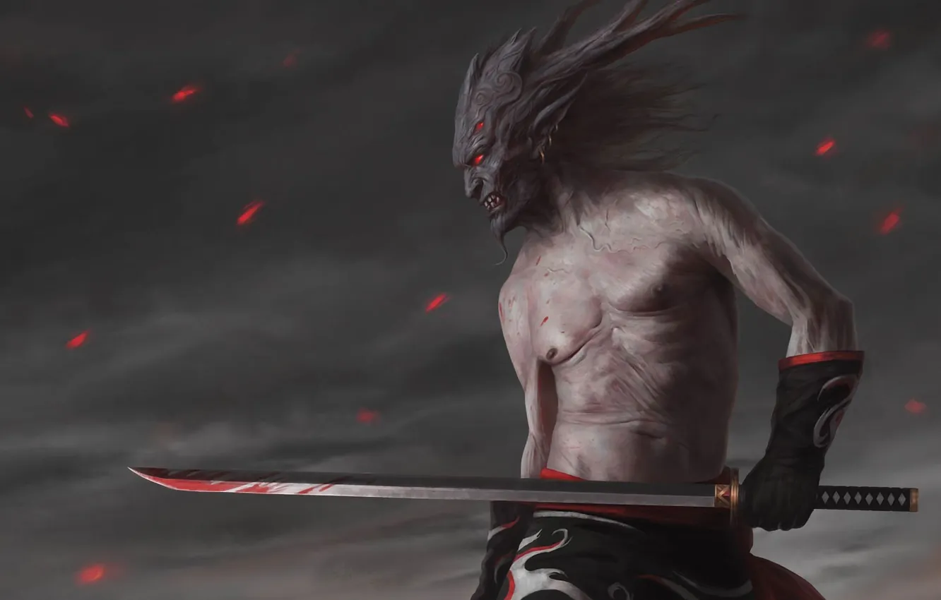 Photo wallpaper blood, sword, sparks, The demon, red eyes