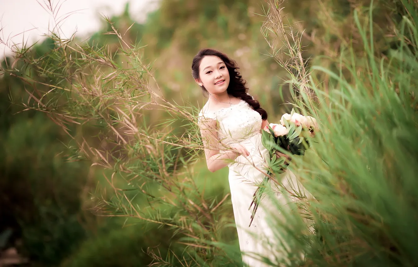 Photo wallpaper girl, flowers, Asian