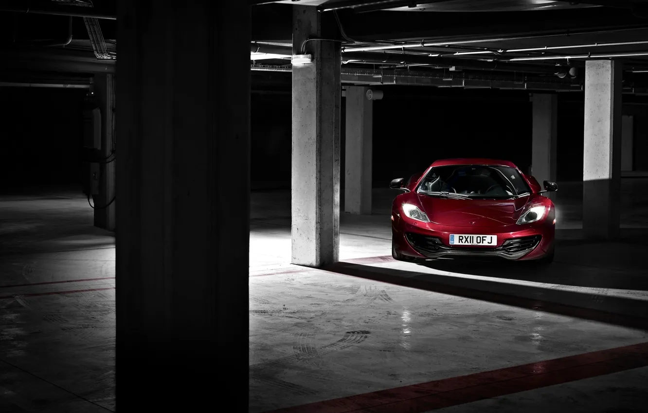 Photo wallpaper red, darkness, McLaren, garage, columns, supercar, twilight, MP4-12C