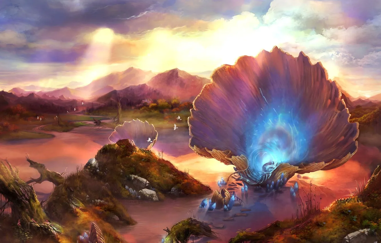 Photo wallpaper landscape, lake, bird, crystals, shell, giant