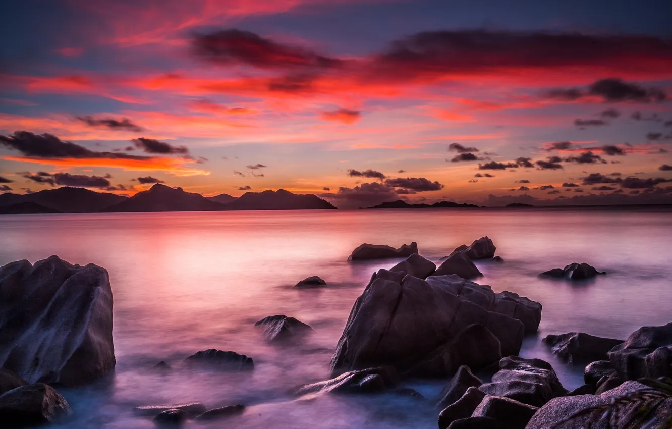 Photo wallpaper sea, landscape, sunset, tropics, stones