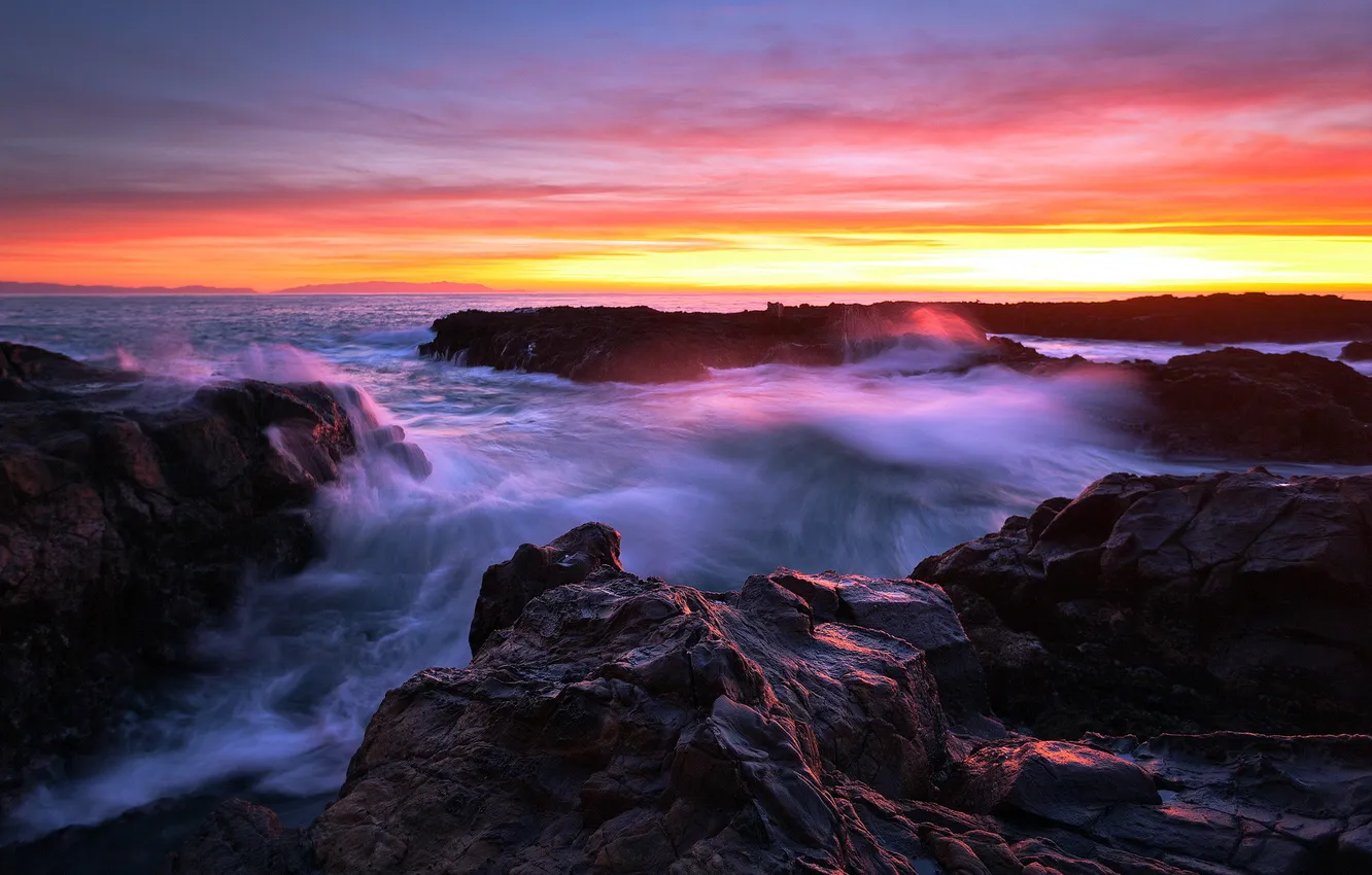 Photo wallpaper sea, landscape, sunset, rocks