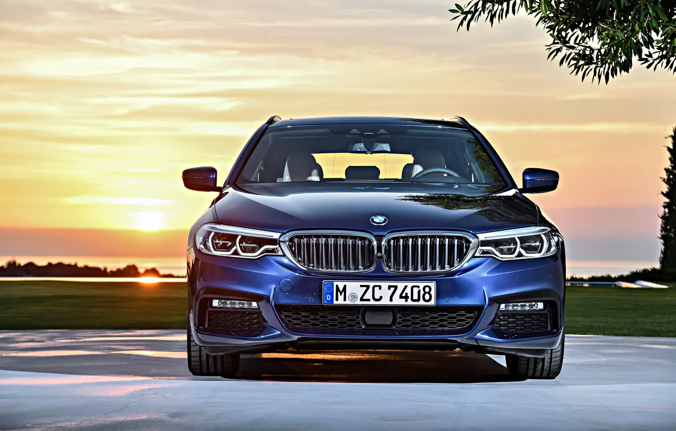 Photo wallpaper the sky, clouds, sunset, lawn, BMW, Parking, front view, universal