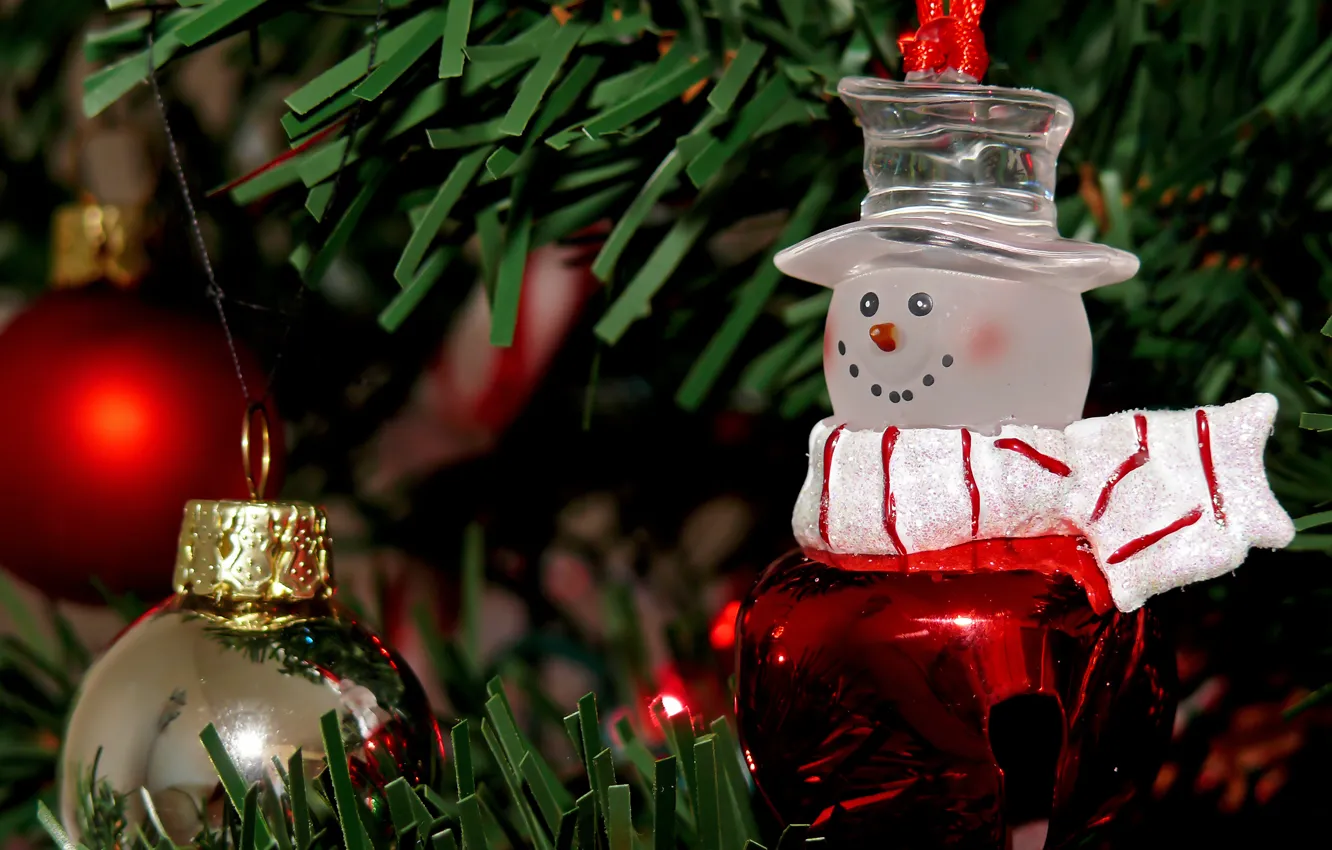 Photo wallpaper holiday, balls, toy, tree, new year, Christmas, snowman, needles