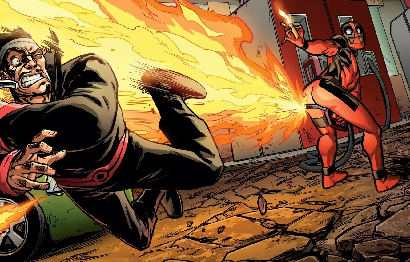 Photo wallpaper lights, lighter, fire, Deadpool, Marvel, Deadpool, comic, gasoline