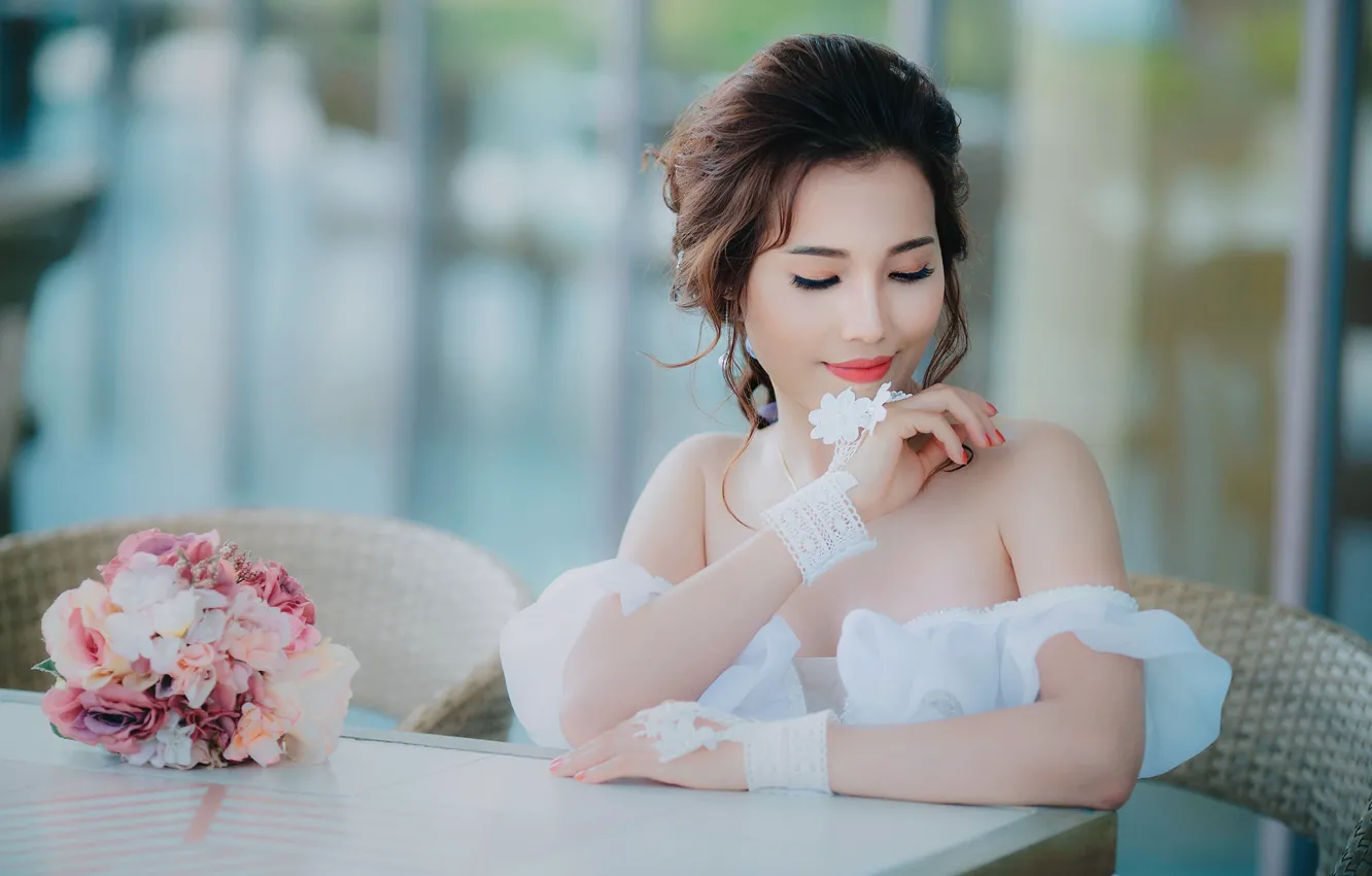 Photo wallpaper girl, smile, bouquet, Asian, the bride, table