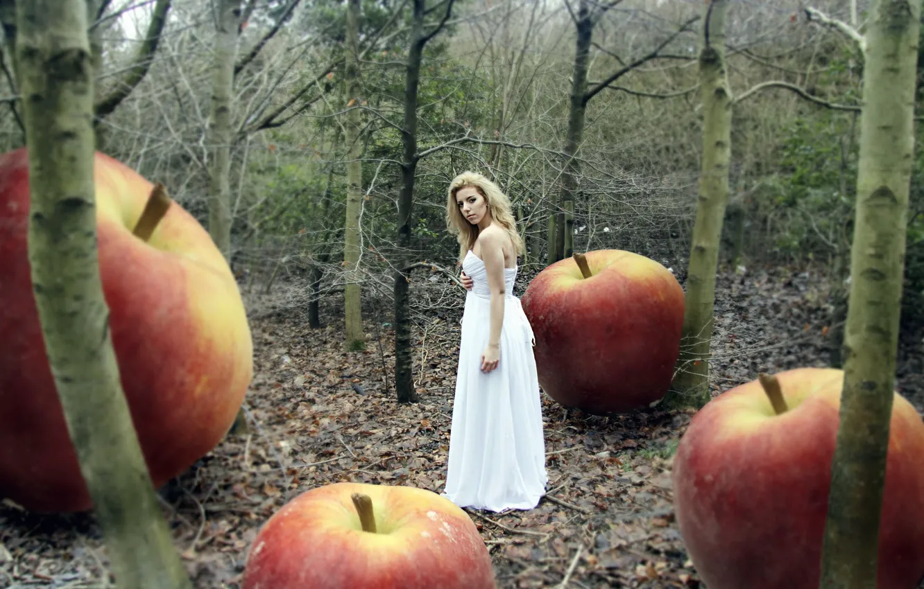 Photo wallpaper forest, girl, apples