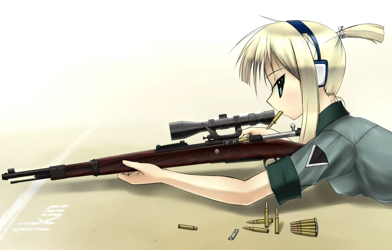 Photo wallpaper girl, anime, blonde, sniper, cartridges, rifle