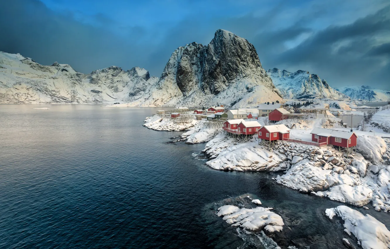 Photo wallpaper winter, the sky, clouds, snow, mountains, blue, stones, rocks