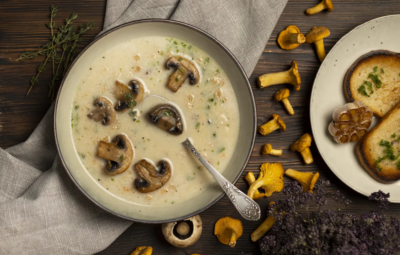 Photo wallpaper sprig, table, mushrooms, Board, food, towel, plate, bread