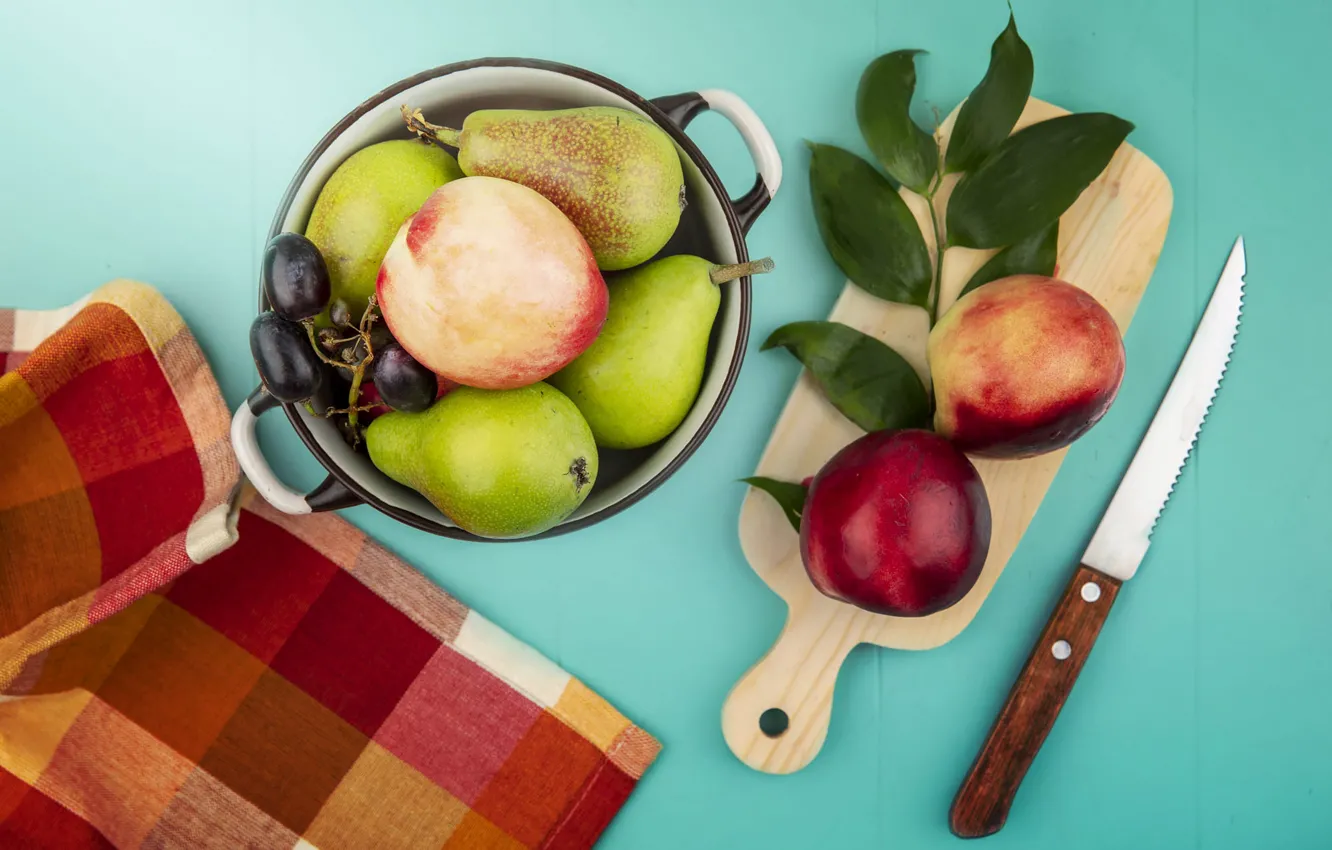 Photo wallpaper leaves, towel, grapes, knife, pan, fruit, pear, nectarine